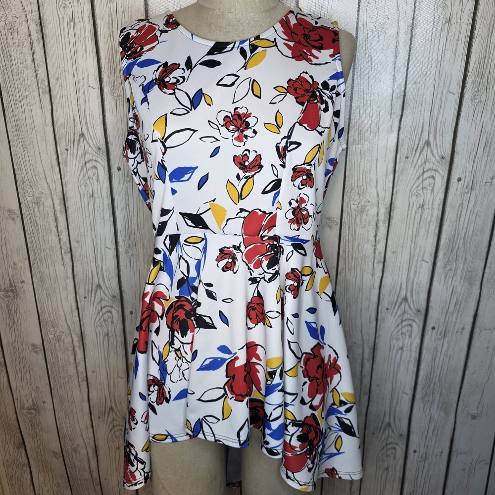 White Floral Fit & Flare Dress Tunic with Red and Yellow Blooms Cottagecore